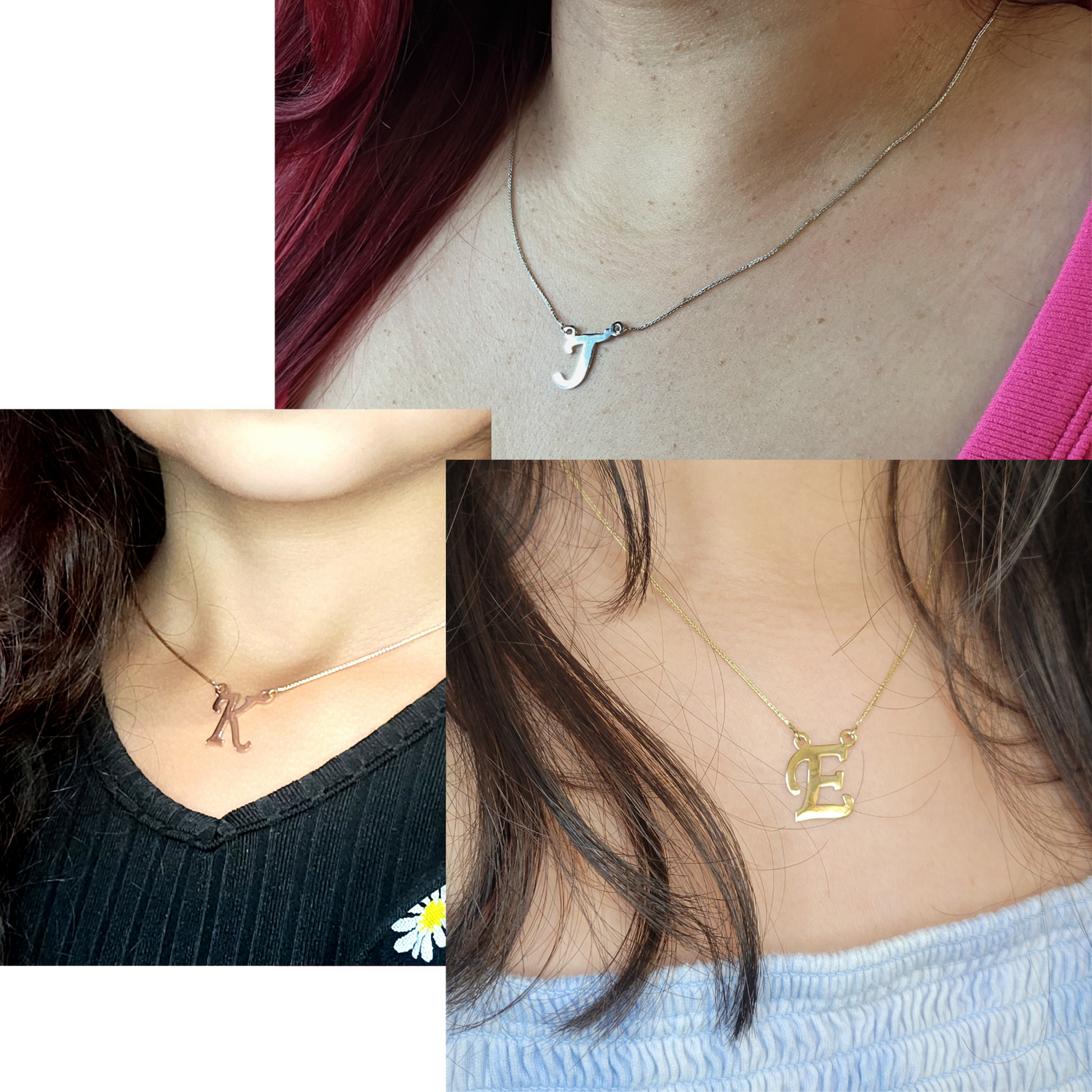 Three models with letter initial necklaces in rose, yellow, and white gold. Image 3 of 4, main page