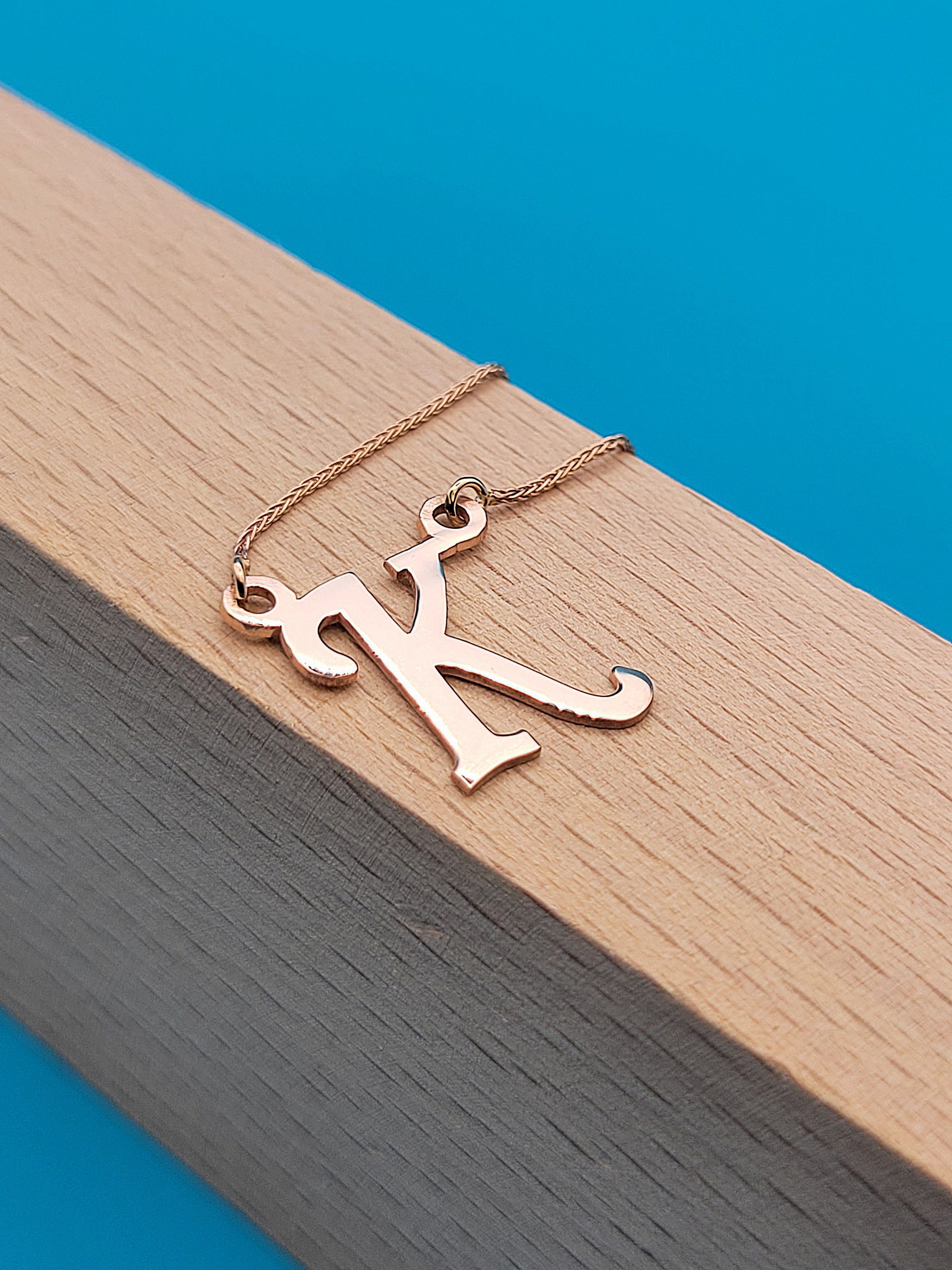 Slide2of5: Beautiful necklace with capital letter initial "K" in 14k Rose Gold